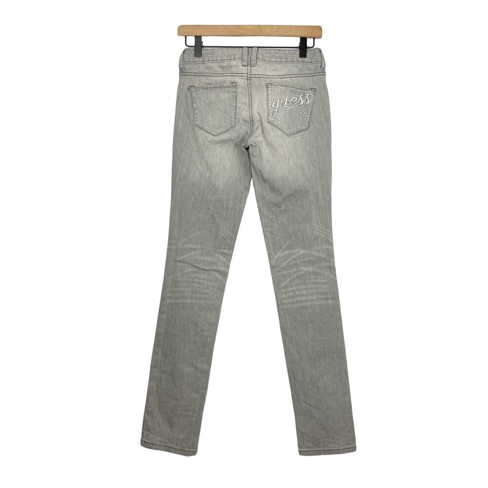 Guess Jeans Grey Denim Rhinestone Embroidered Logo Pocket Skinny Leg Edgy Jeans